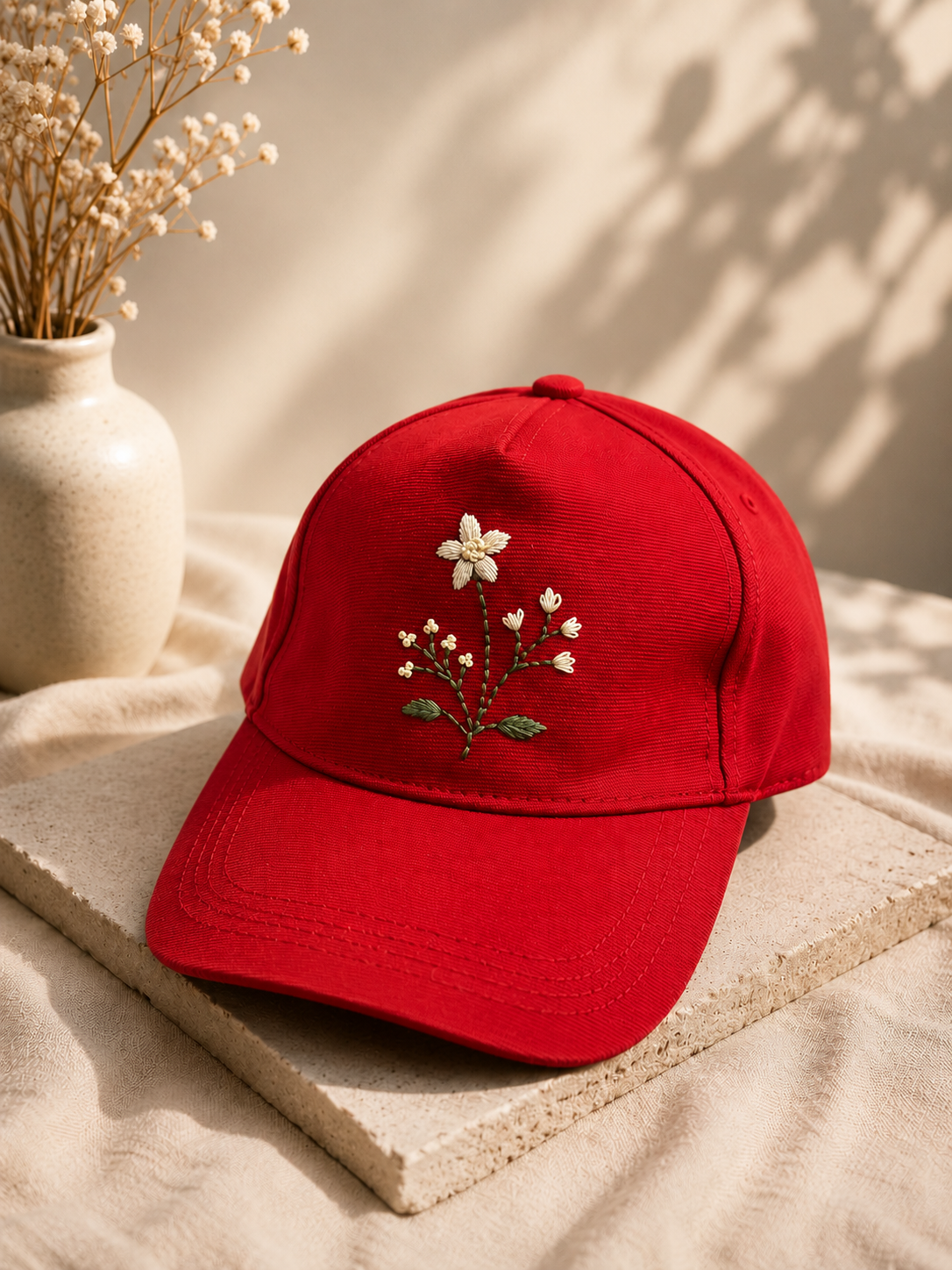 Scarlet Bloom Embroidered Cap